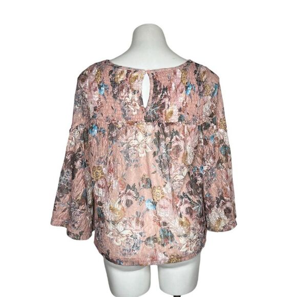 AKEMI + KIN Anthropologie Patrizia Top Smocked Lace Bell Sleeves Floral Size XS - Picture 2 of 9